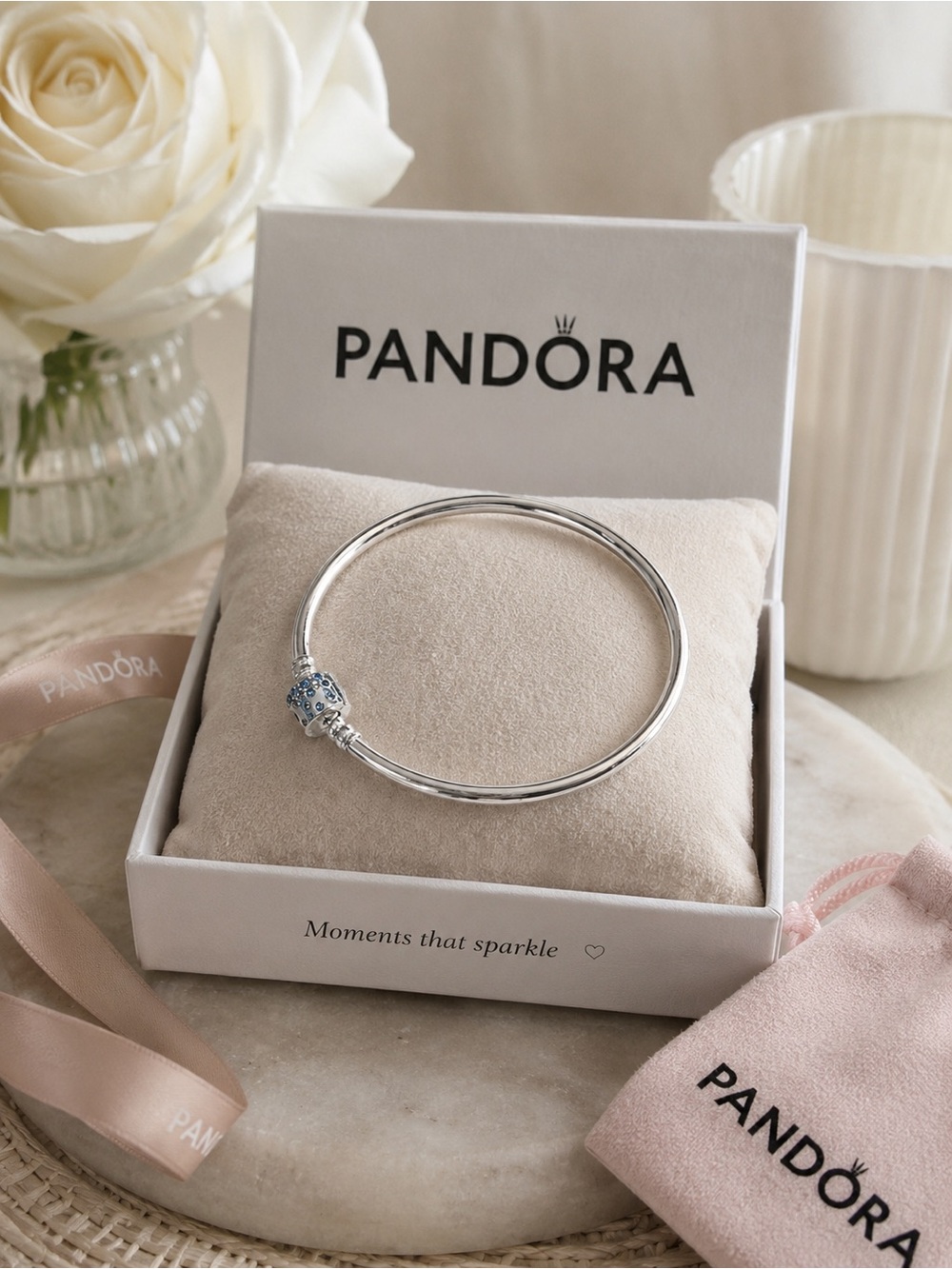 NWT Pandora Sterling Silver Bangle Bracelet Blue Crystal Clasp w/ Gift Box